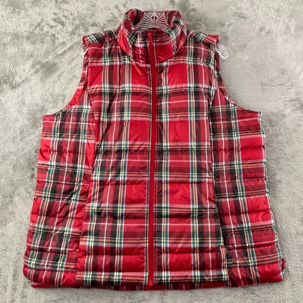 Lands' End Down Puffer Vest Womens XL 18 Red Plaid Tartan Quilted Pockets Zip